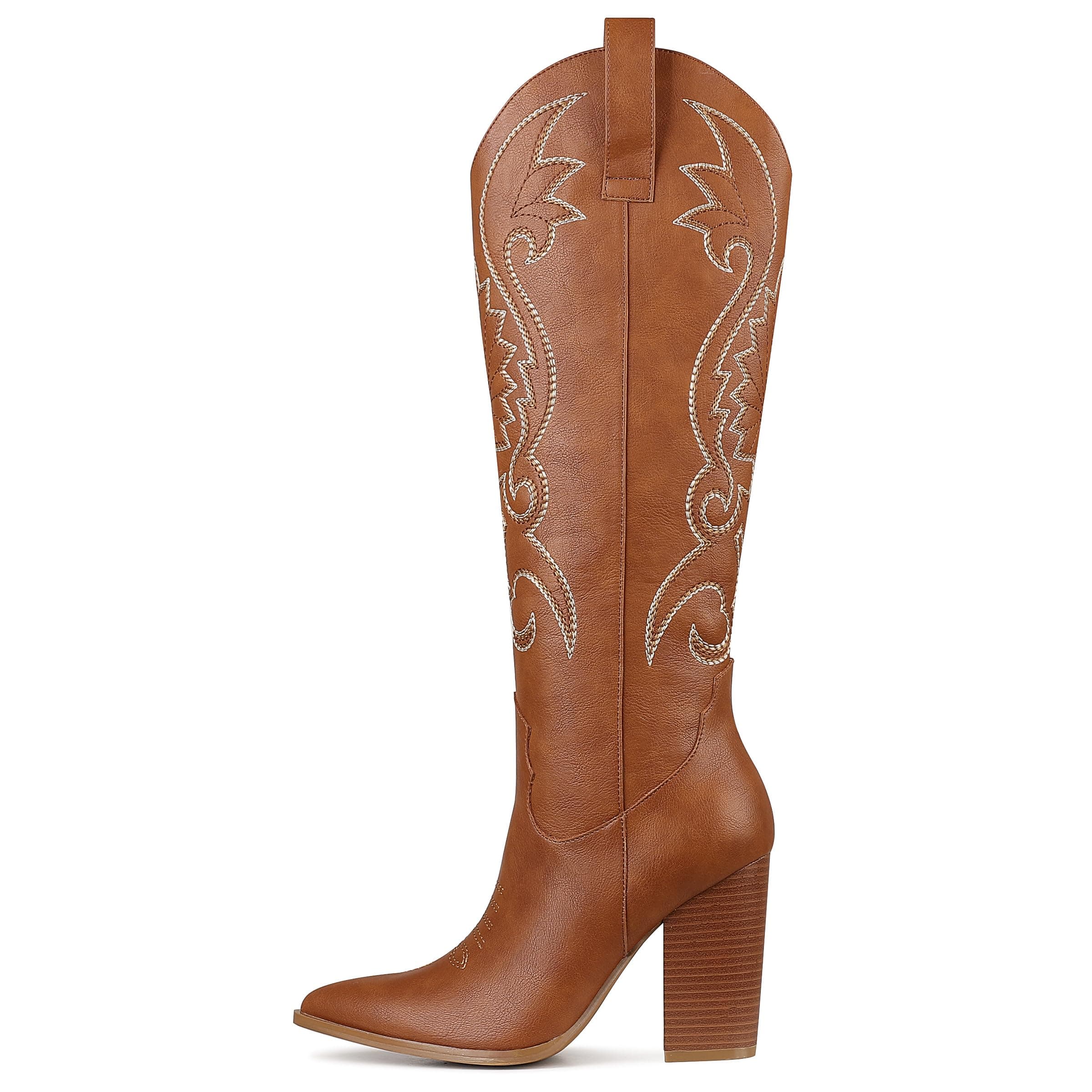 VOMIRA Pointed Toe Chunky Heel Knee High Cowboy Boots
