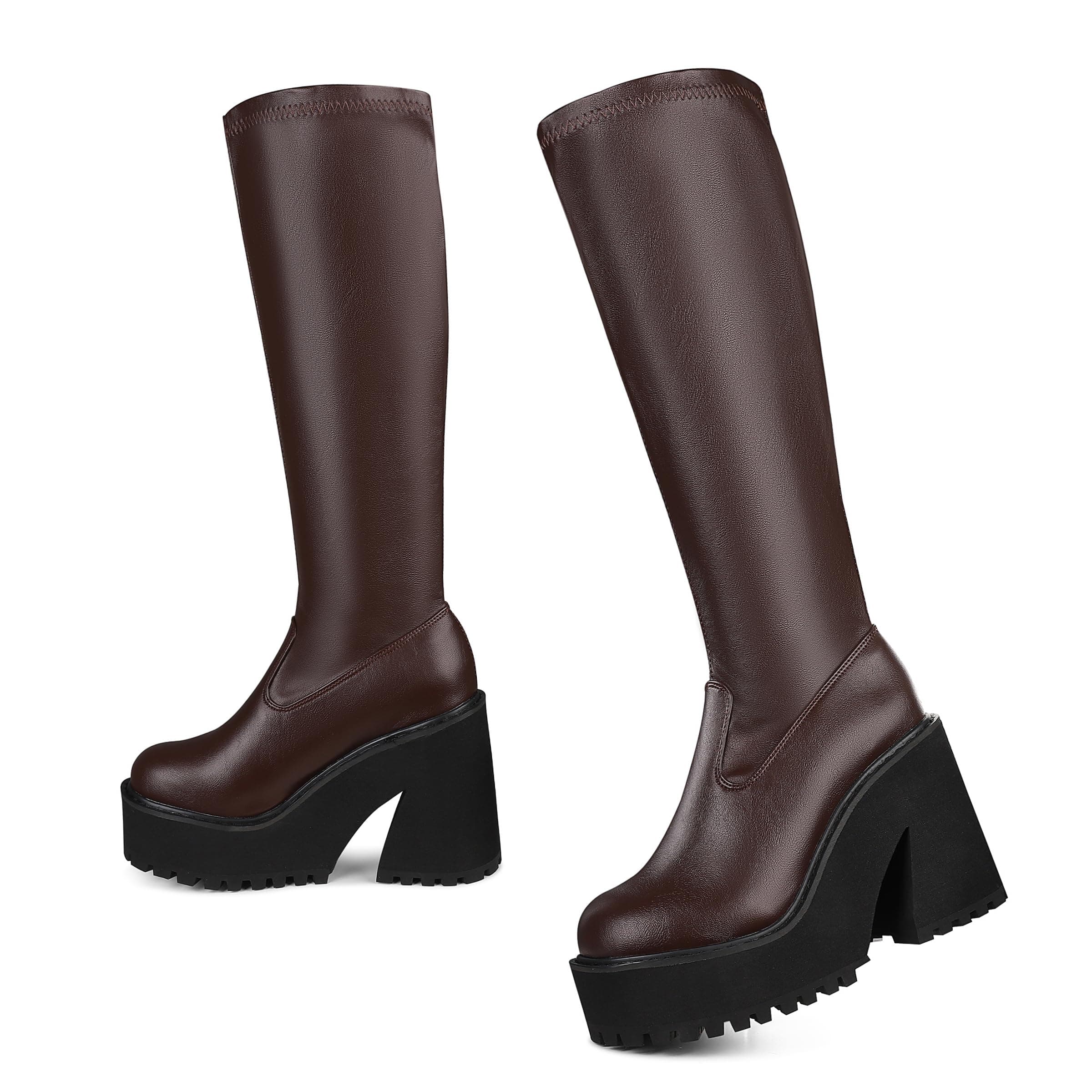 AMINUGAL Women's Knee-High Chunky Heel Zipper Boots