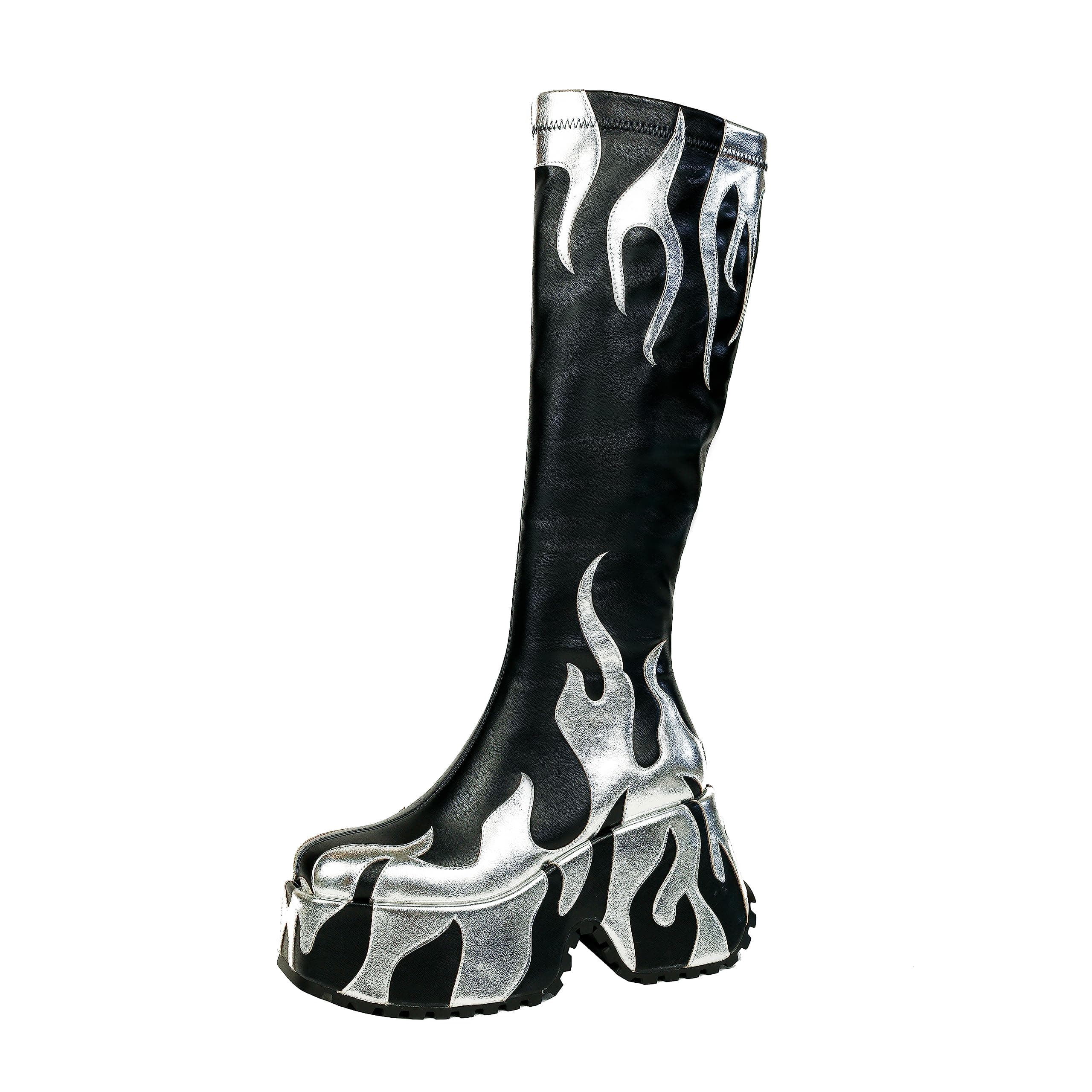 HiColor Women's High Heeled Flames Printing Chunky Sole Tall Boot