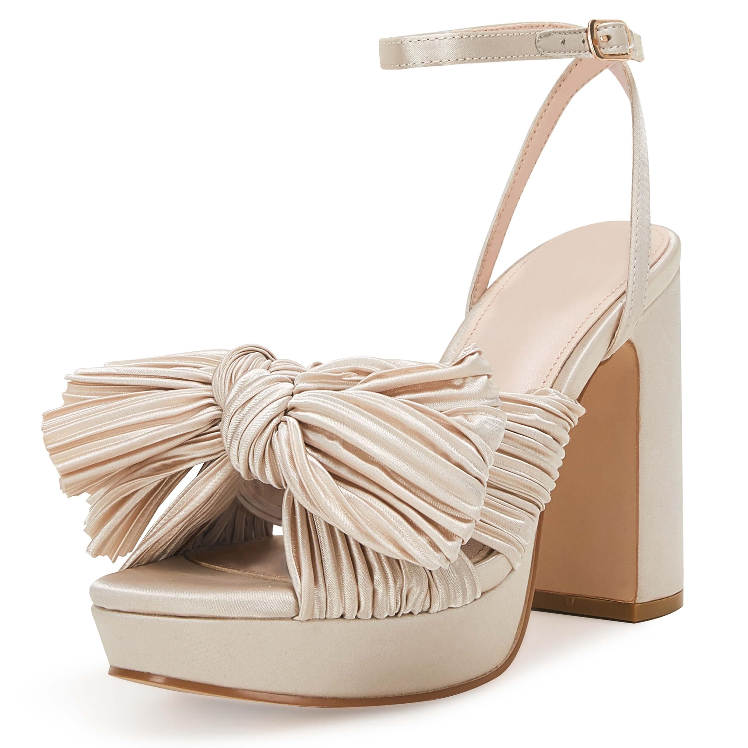 VETASTE Women's Pleated Bow Knot Platform Bridal Heeled Sandals
