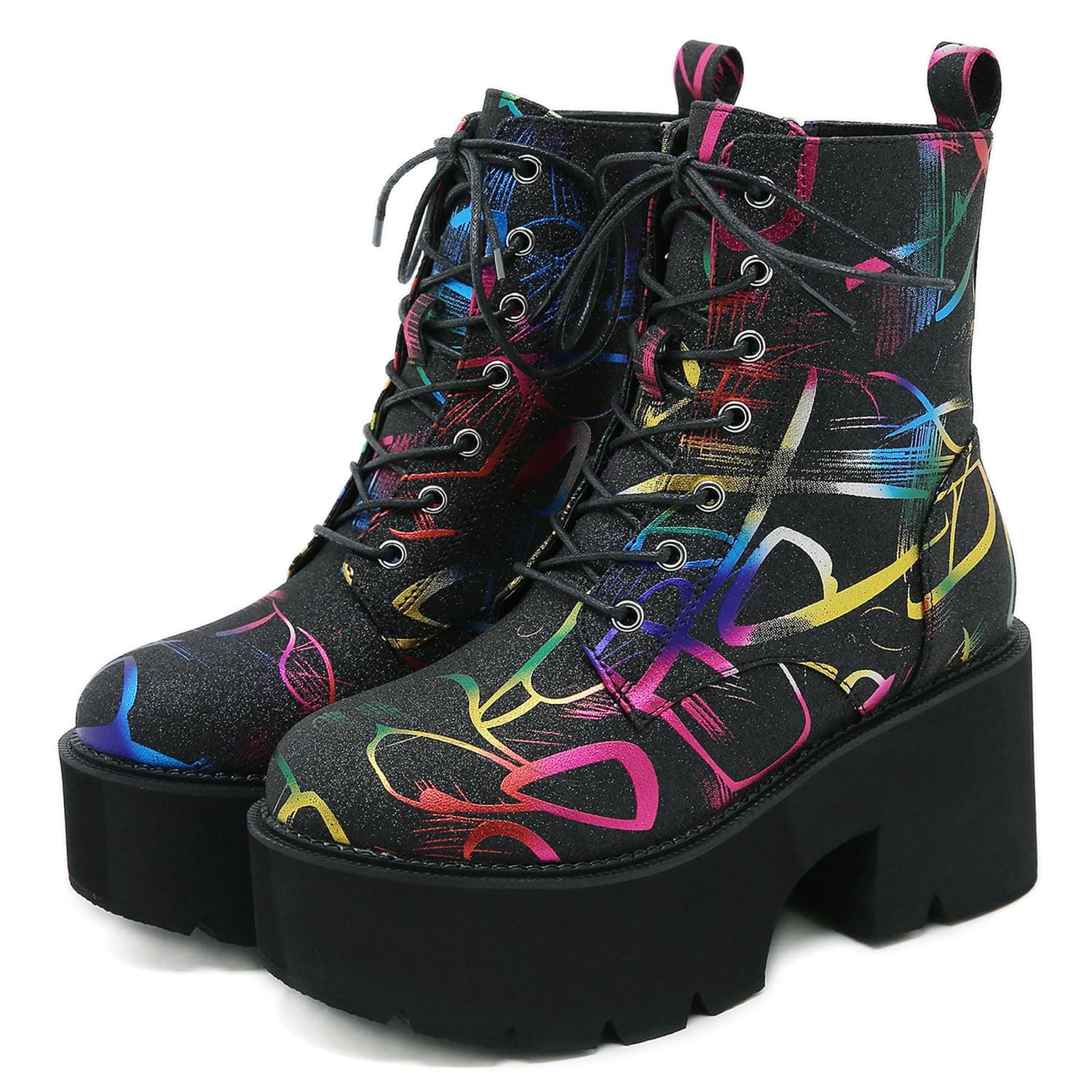 LIXGVHRO Women's Black Sparkly Glitter Gothic Platform Boots Multicolour